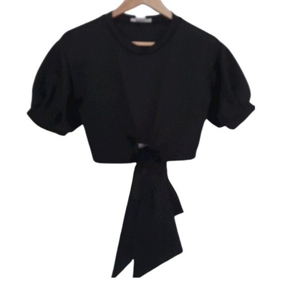 Jasmine Black Puff Sleeve Crop Top with Front Knot Sz Medium - Picture 1 of 10